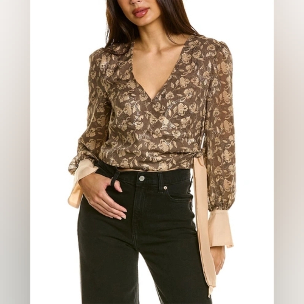 Anthropologie En Saison Wrap Blouse Brown Floral Jacquard Puff Sleeve Tie L NWT